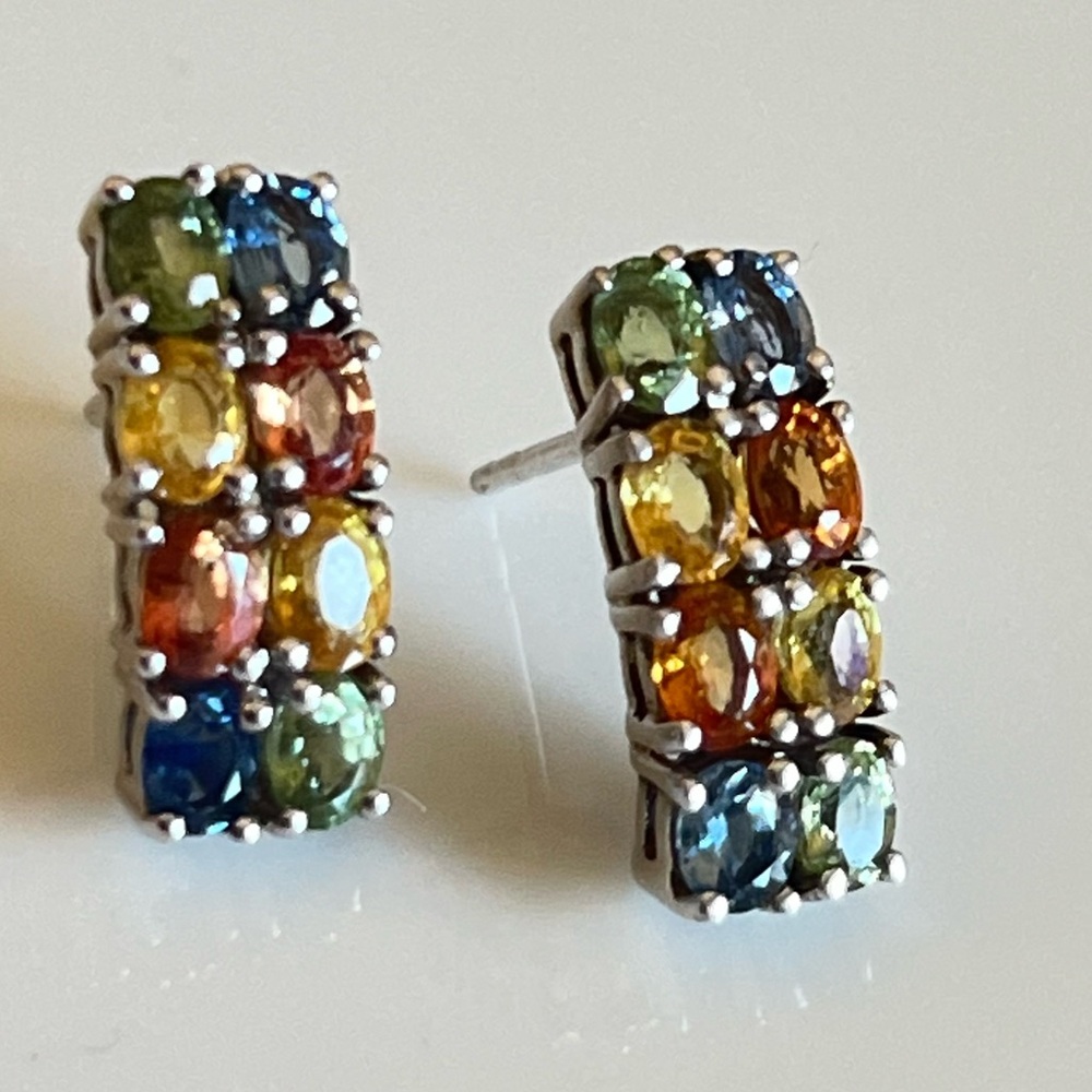 Rainbow Sapphire Huggie Earrings 925 Sterling Silver Multi-Color Gemstone Hoops - Picture 2 of 9